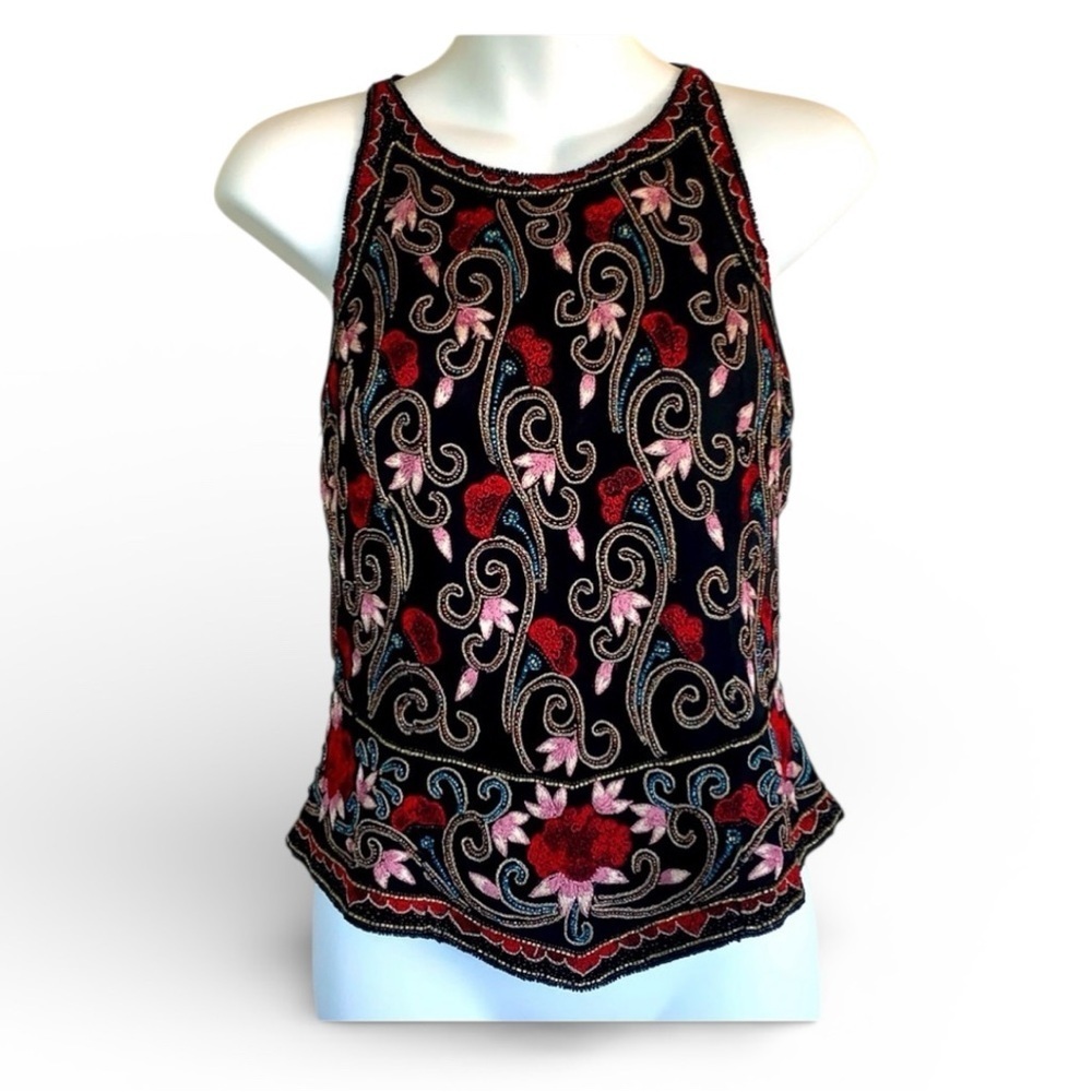 Papell Boutique Evening top, women's M, black beaded / embroidered, zip. EUC